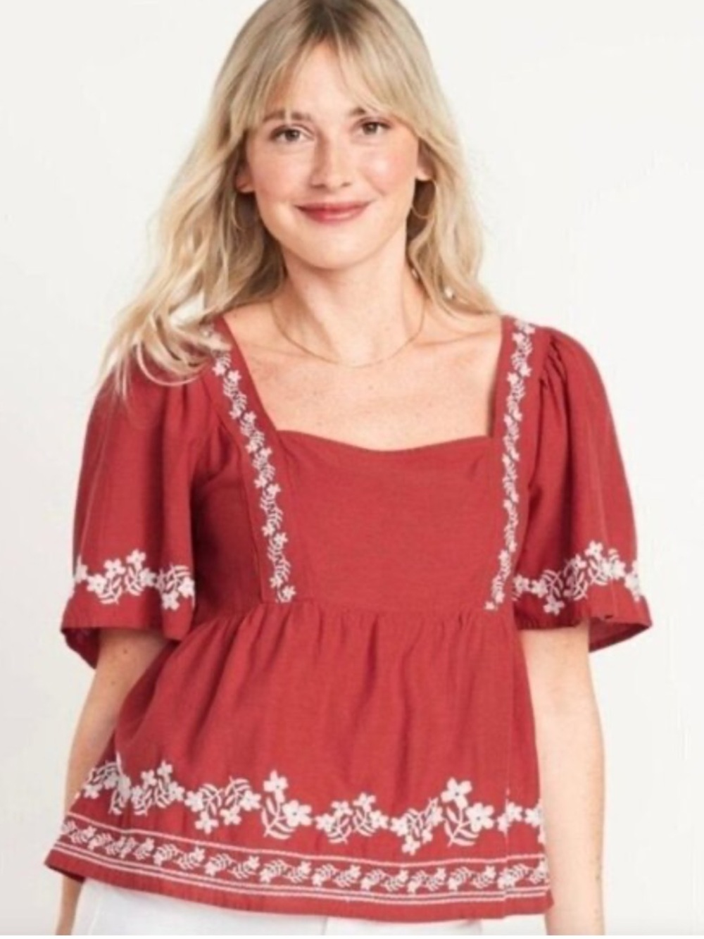 < Old Navy Red Smocked Peasant Top With White Floral Embroidery >
